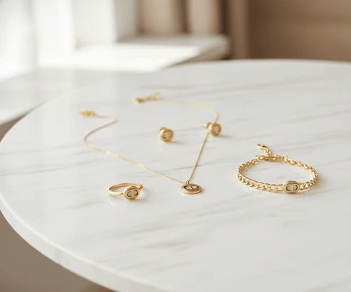 Classic CD Emblem Gold Jewellery Set- Necklace, Bracelet, Ring & Earrings