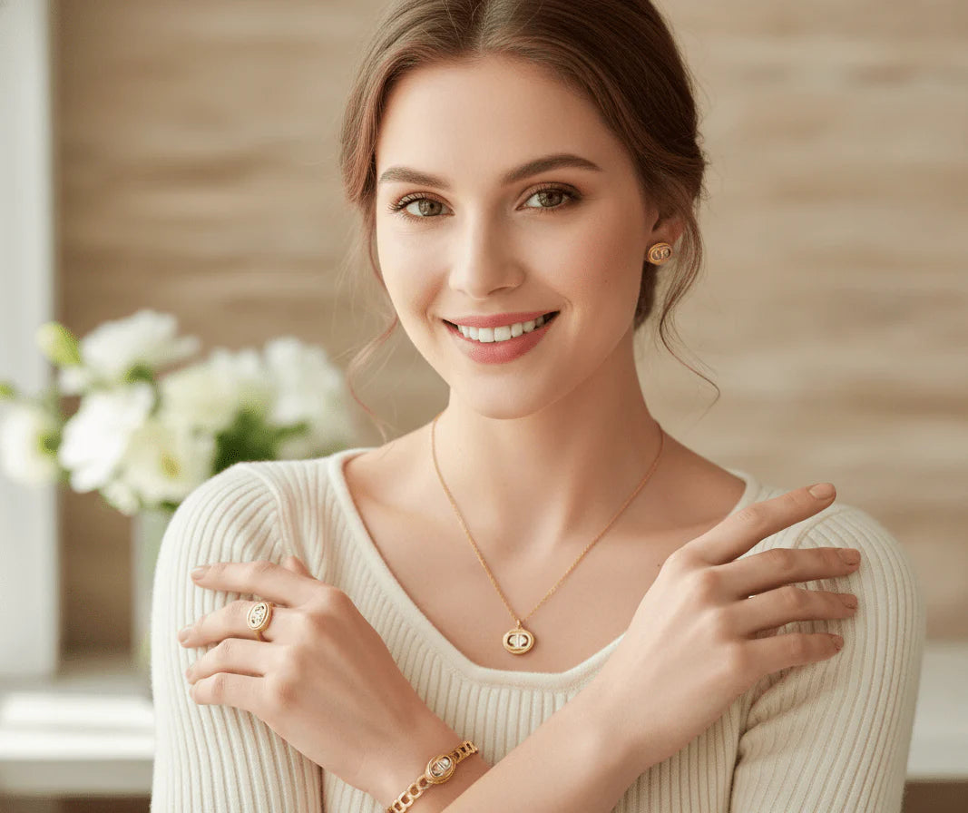 Classic CD Emblem Gold Jewellery Set- Necklace, Bracelet, Ring & Earrings