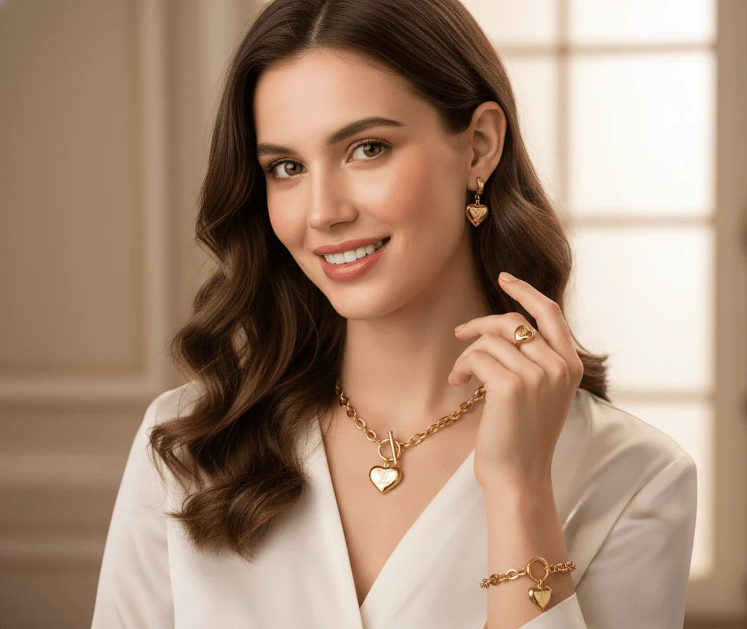 Heart Lock Pendant Jewelry Set - Necklace, Bracelet, Ring & Earrings