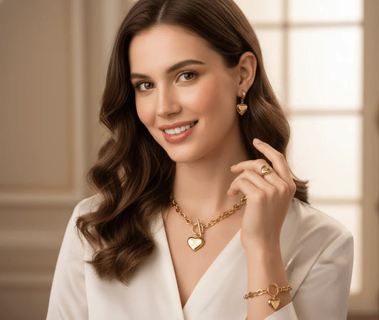 Heart Lock Pendant Jewelry Set - Necklace, Bracelet, Ring & Earrings