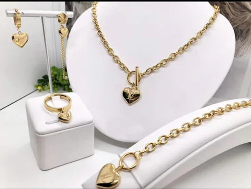 Heart Lock Pendant Jewelry Set - Necklace, Bracelet, Ring & Earrings
